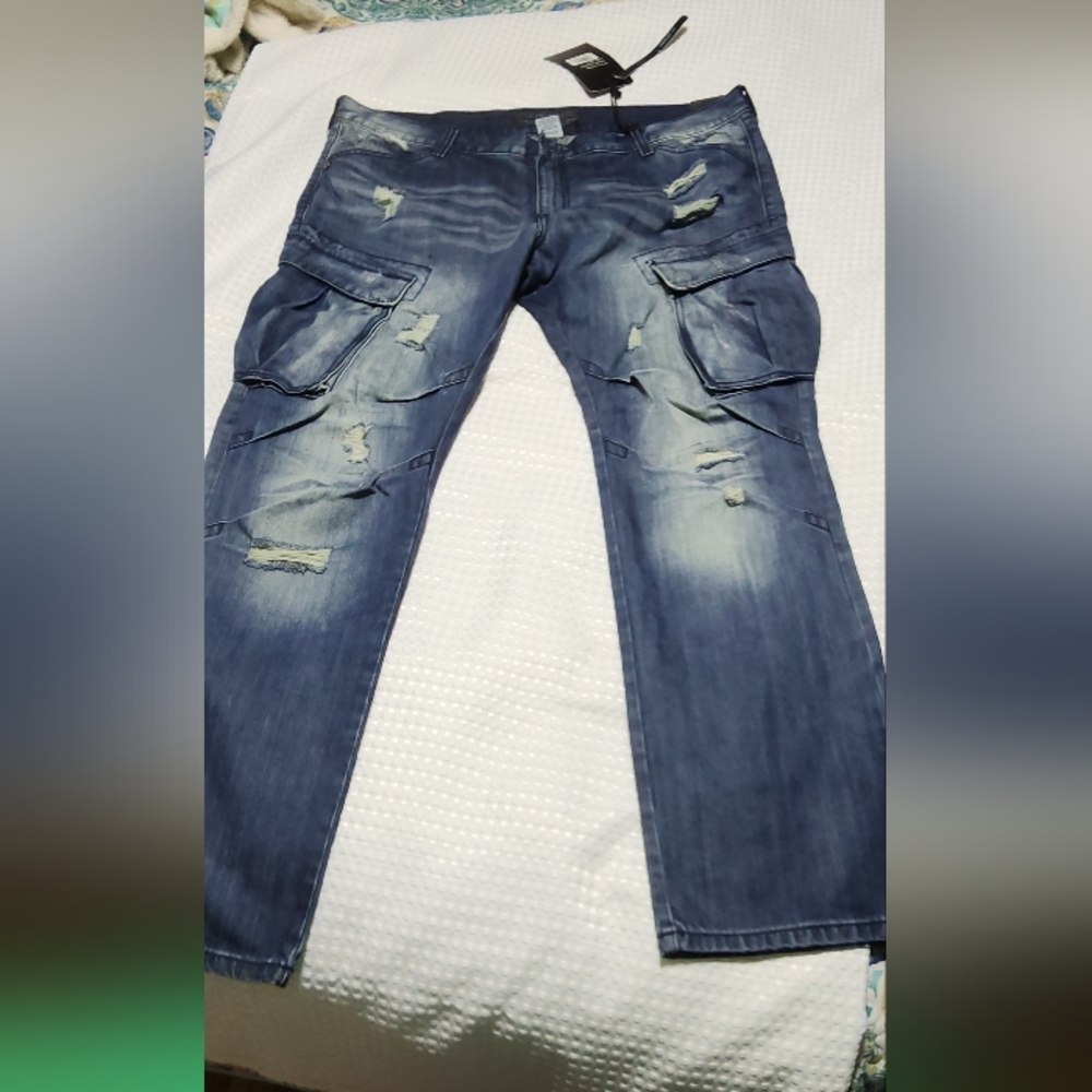 LEVEL 7 NWT MENS SZ 42 X 32 INTENSED BLAST DENIM DISTRESSED BLUE JEANS
